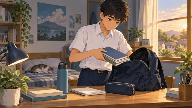 Ilustrasi siswa menata buku, botol minum, dan alat tulis ke dalam tas.